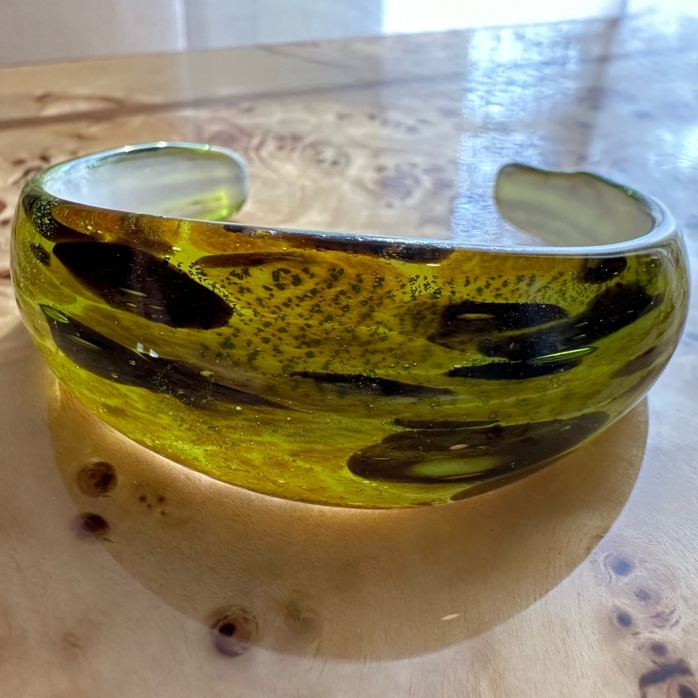 Vintage Handmade Artisan Green Glass Cuff Bracelet w Black and Gold Incl…